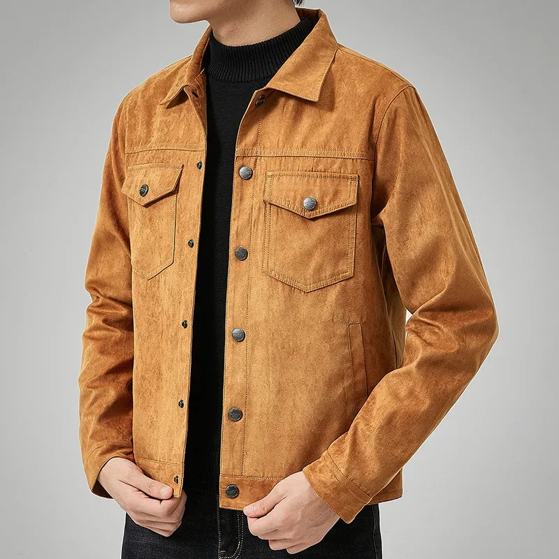 Close-up of men's classic button-front jacket, durable fabric & timeless design for versatile outerwear.