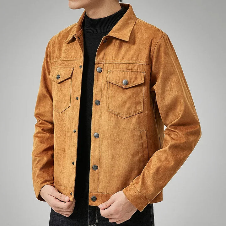 Close-up of men's classic button-front jacket, durable fabric & timeless design for versatile outerwear.