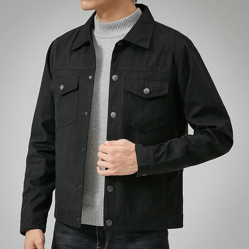 Man wearing a versatile button-front jacket, ideal for fall or spring, offering a casual & timeless look.