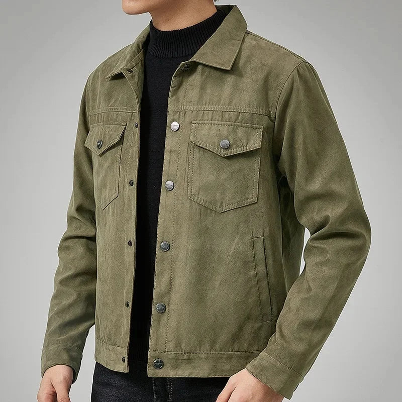 Men's durable button-front jacket in a timeless color, a versatile piece for everyday casual fashion.