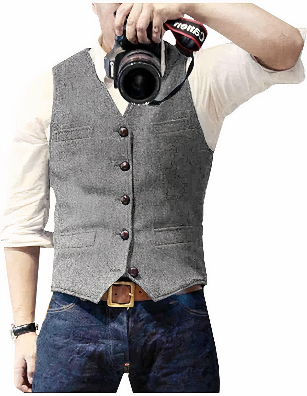 Classic men's button vest, a sophisticated tailored layering piece for formal or casual menswear styles.