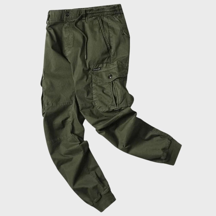 Tapered fit men's cargo joggers, offering a sleek athletic look with ultimate comfort and style.