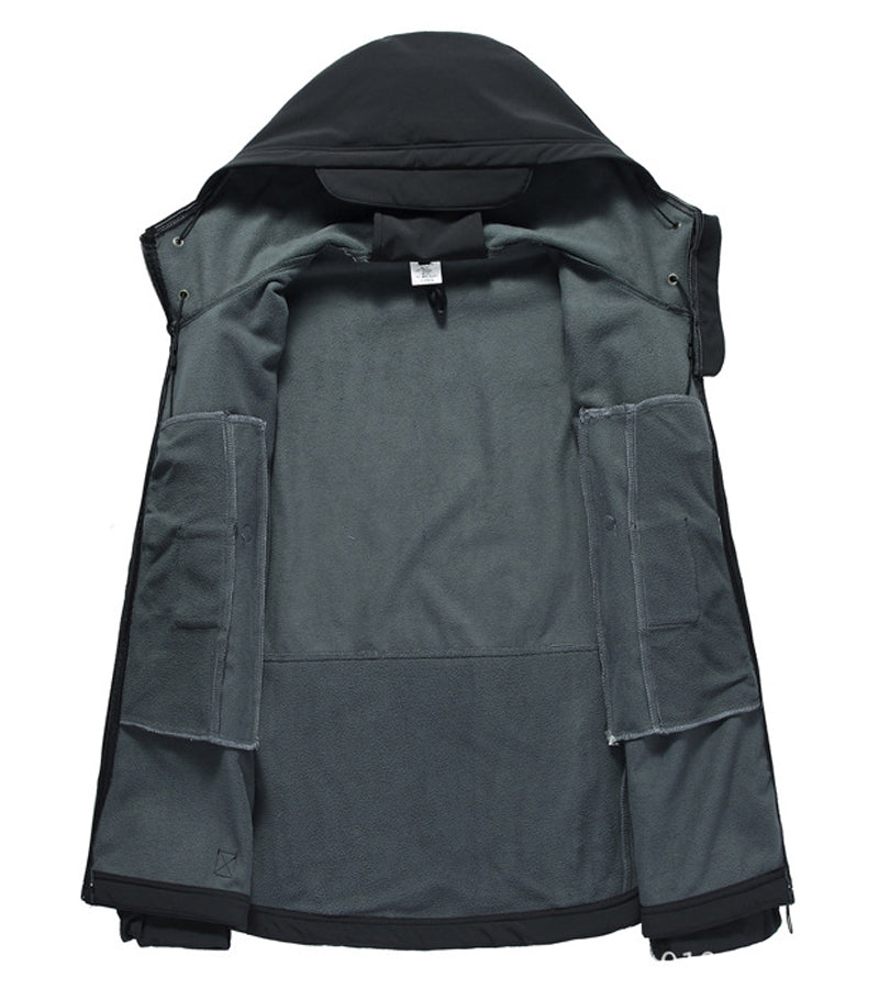 Hooded men's Titan softshell jacket, weatherproof & waterproof for outdoor adventures.