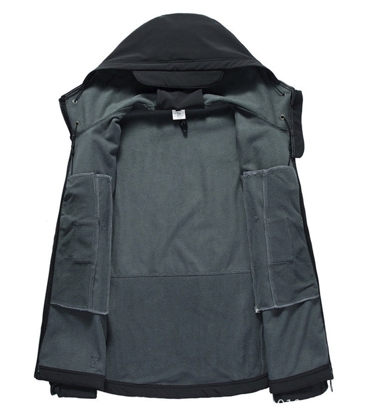 Hooded men's Titan softshell jacket, weatherproof & waterproof for outdoor adventures.