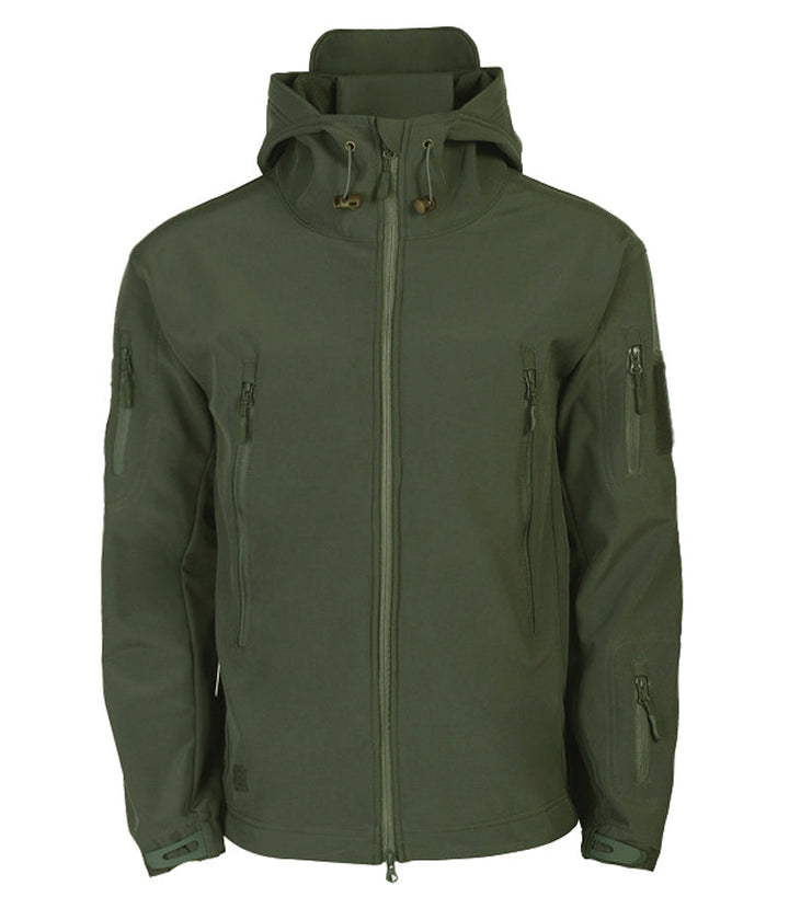 Men's Titan tactical softshell jacket with hoodie, windproof & waterproof for adventure.