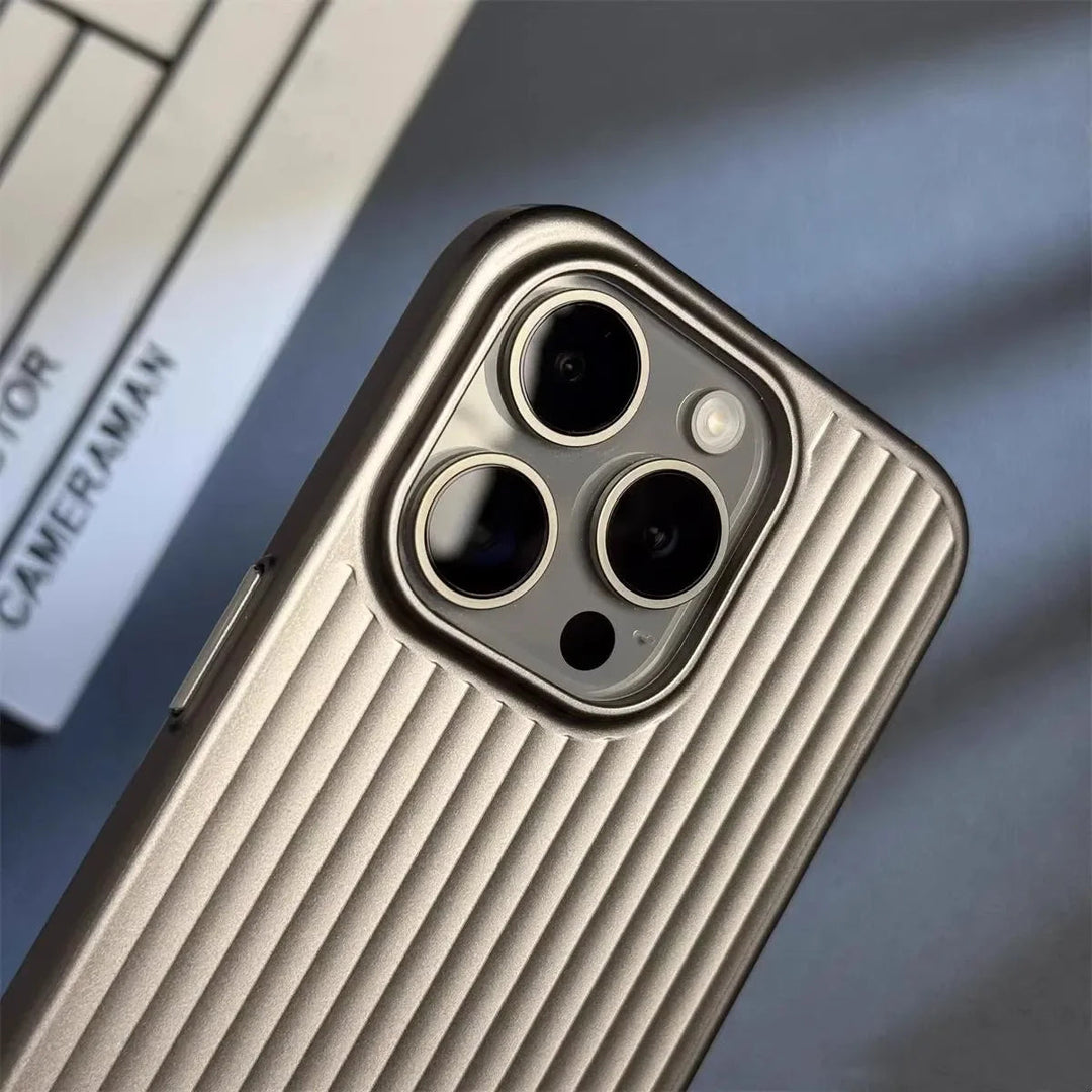 Rugged men's titanium iPhone case offering ultimate drop protection. Durable, scratch-resistant tech accessory.