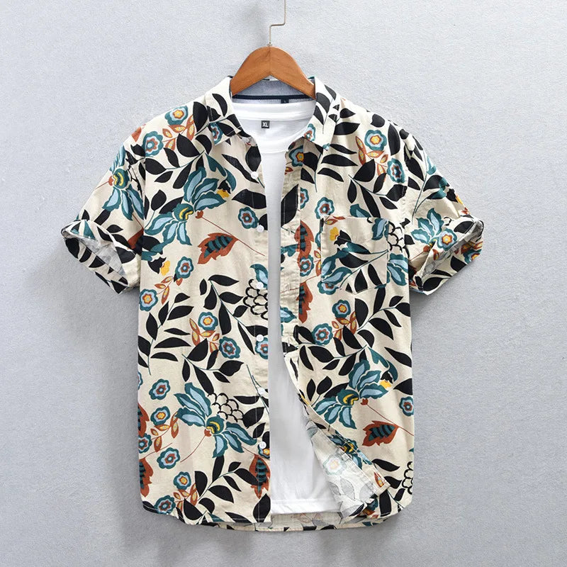 Men's Tokyo Nightfall floral short sleeve shirt. Elegant printed button-up for summer fashion & resort wear.