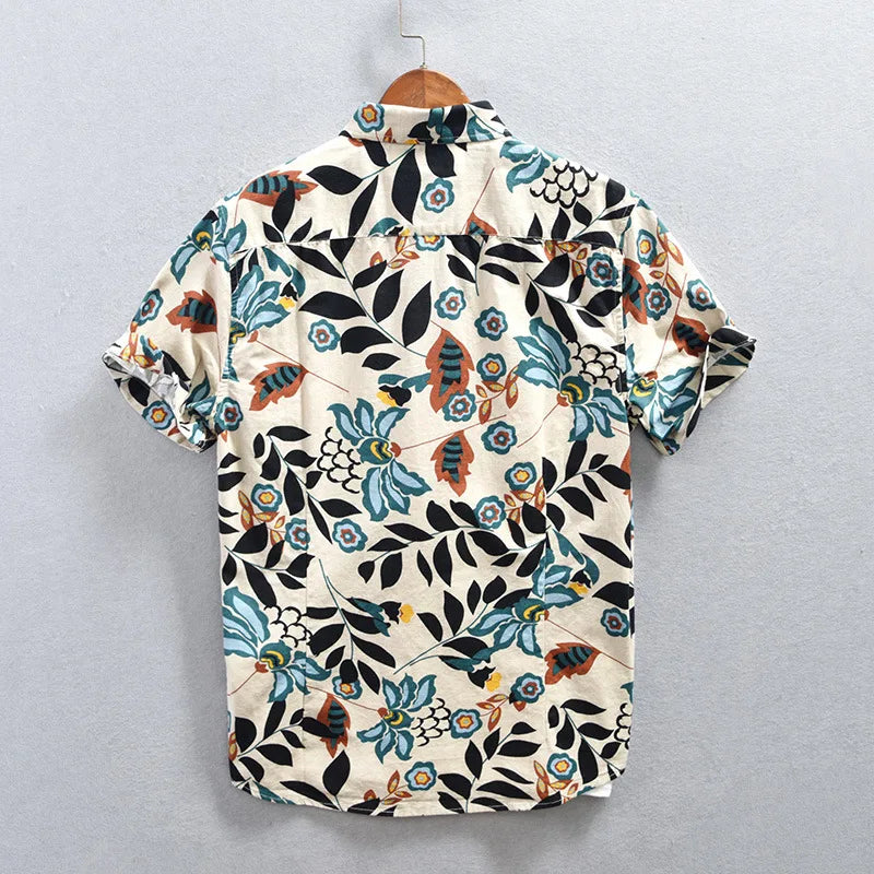 Unique men's Tokyo Nightfall floral print shirt. Stylish short sleeve button-up, ideal for elegant summer fashion.