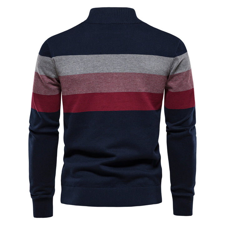 Warm men's casual sweater, half-zip pullover, stylish colorblock details.