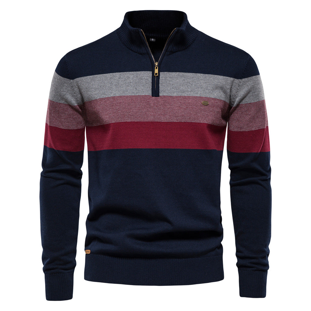 Modern men's pullover sweater, half-zip, eye-catching colorblock for casual wear.