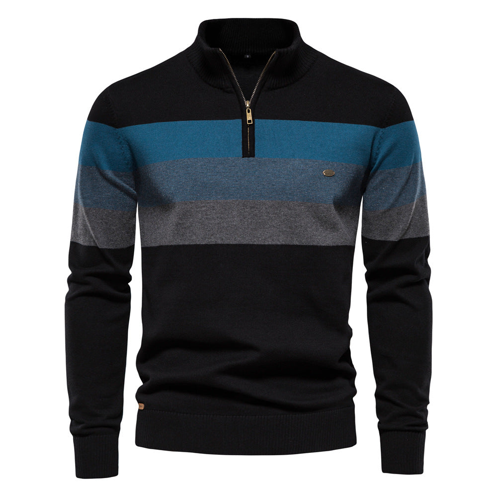 Men's casual half-zip sweater, colorblock pattern, soft knit fabric.
