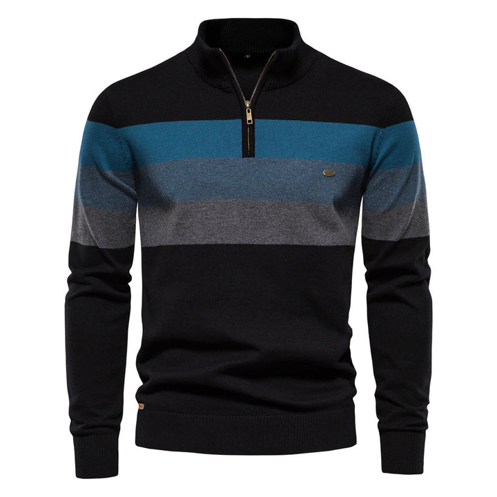 Men's casual half-zip sweater, colorblock pattern, soft knit fabric.