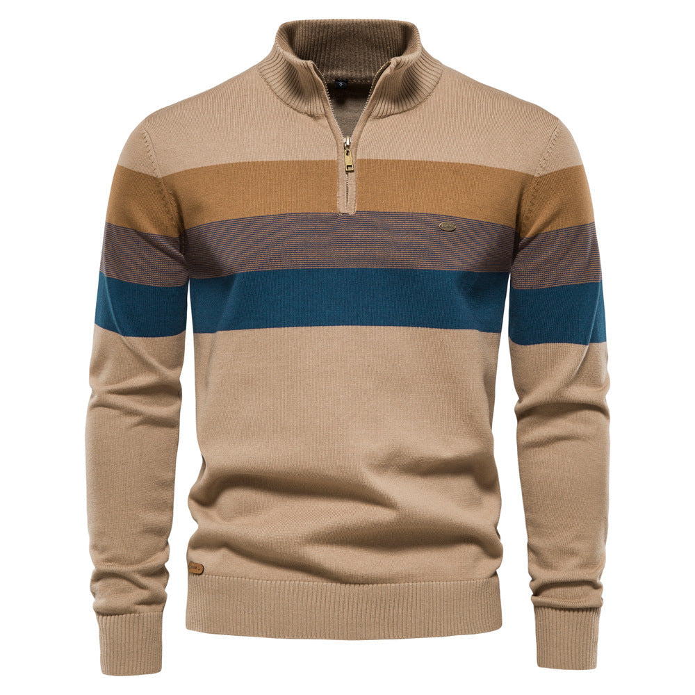 Stylish men's half-zip pullover sweater, colorblock design, long sleeve.