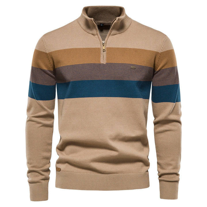 Stylish men's half-zip pullover sweater, colorblock design, long sleeve.
