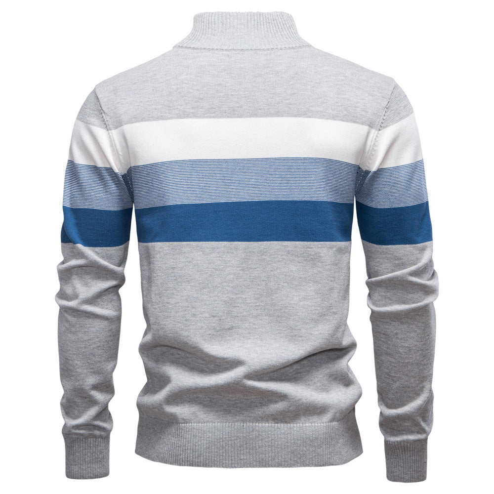 Casual men's colorblock half-zip sweater, long sleeve, cozy and fashionable.
