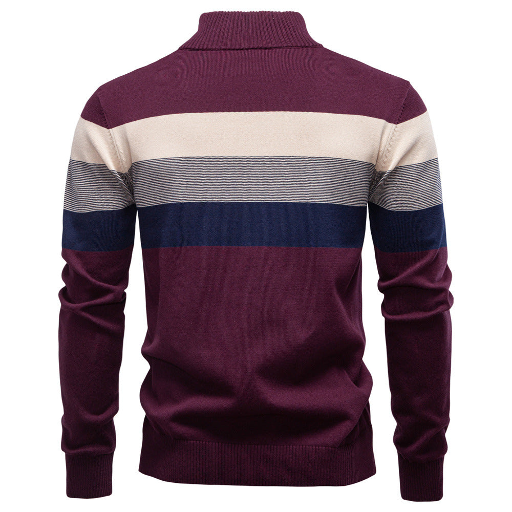 Stylish men's casual sweater, half-zip, vibrant colorblock pattern.