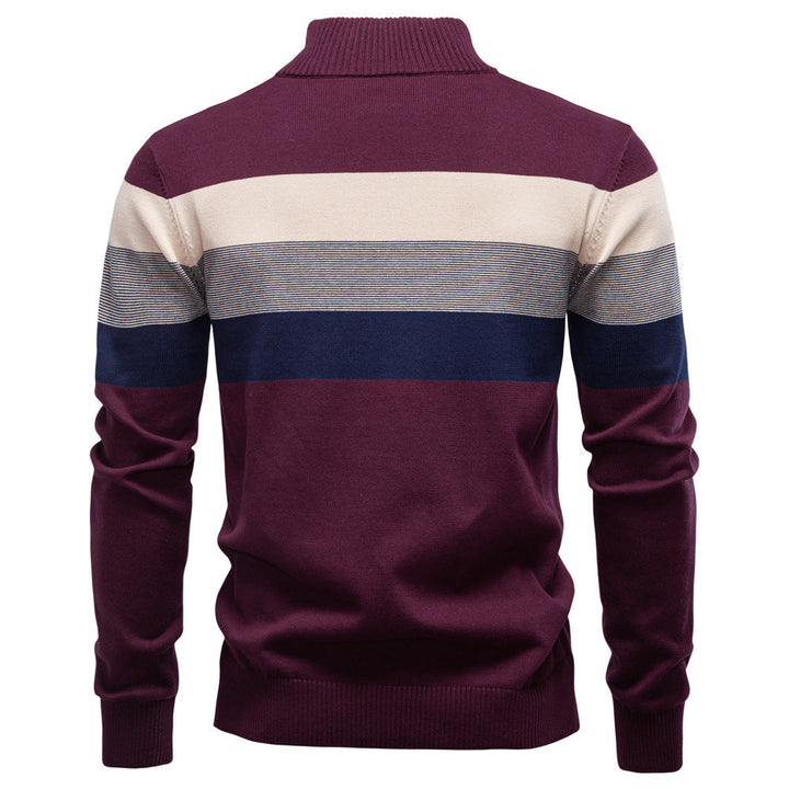 Stylish men's casual sweater, half-zip, vibrant colorblock pattern.