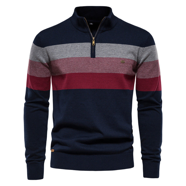 Modern men's colorblock half-zip sweater, perfect for stylish layering.