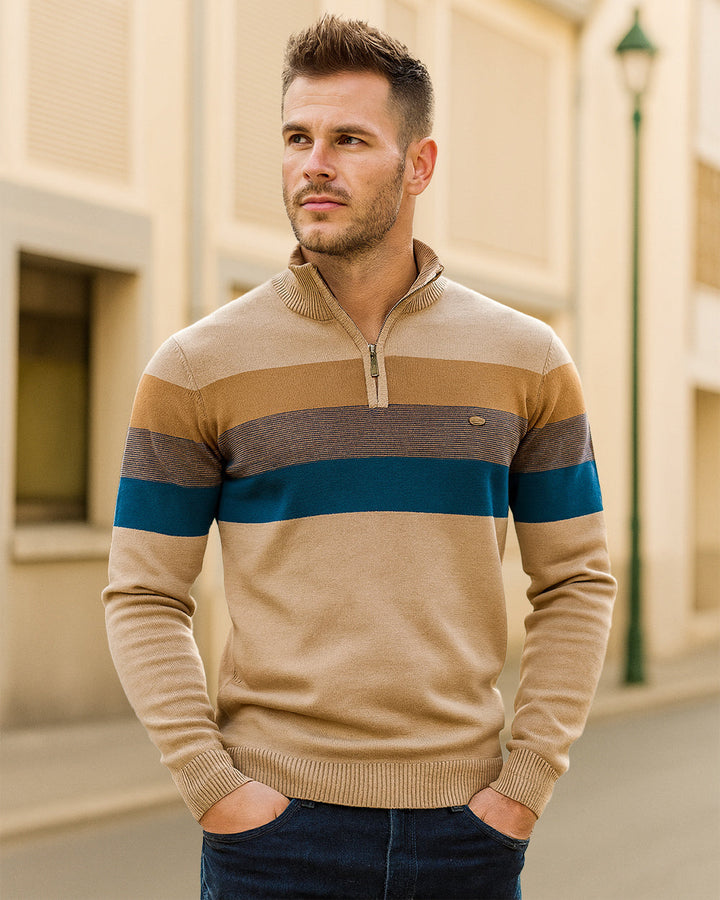 Stylish Torino men's sweater, colorblock pattern, convenient half-zip.