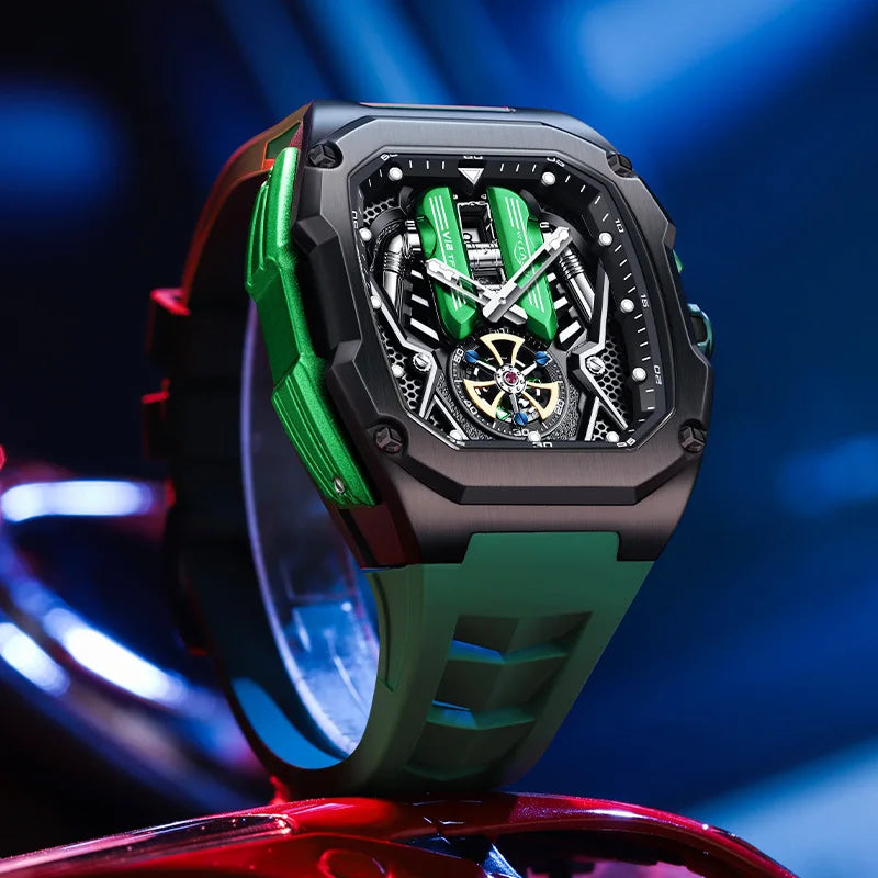 Men's Tourbillon Chronograph Watch with luminous dial, elegant stainless steel case & durable rubber strap.