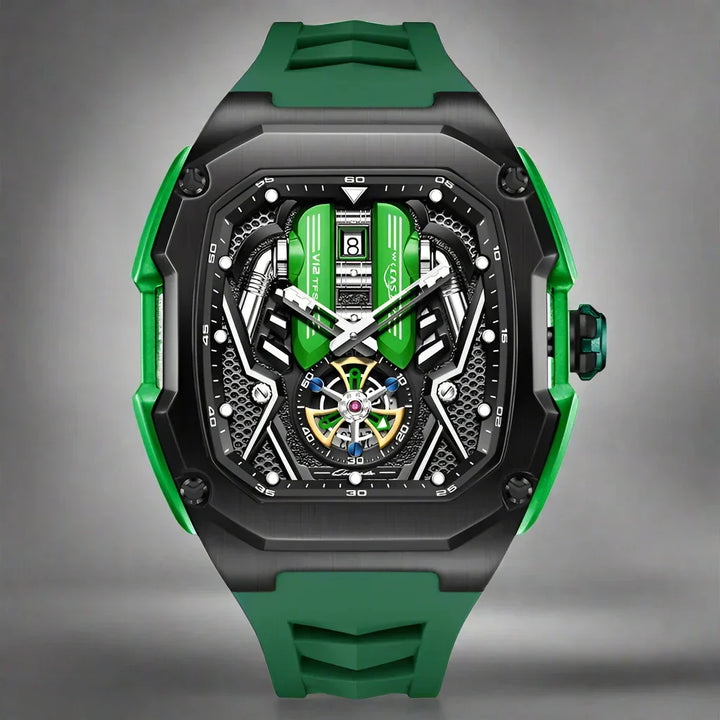 Intricate tourbillon movement of men's chronograph watch. High-precision elegant timepiece.