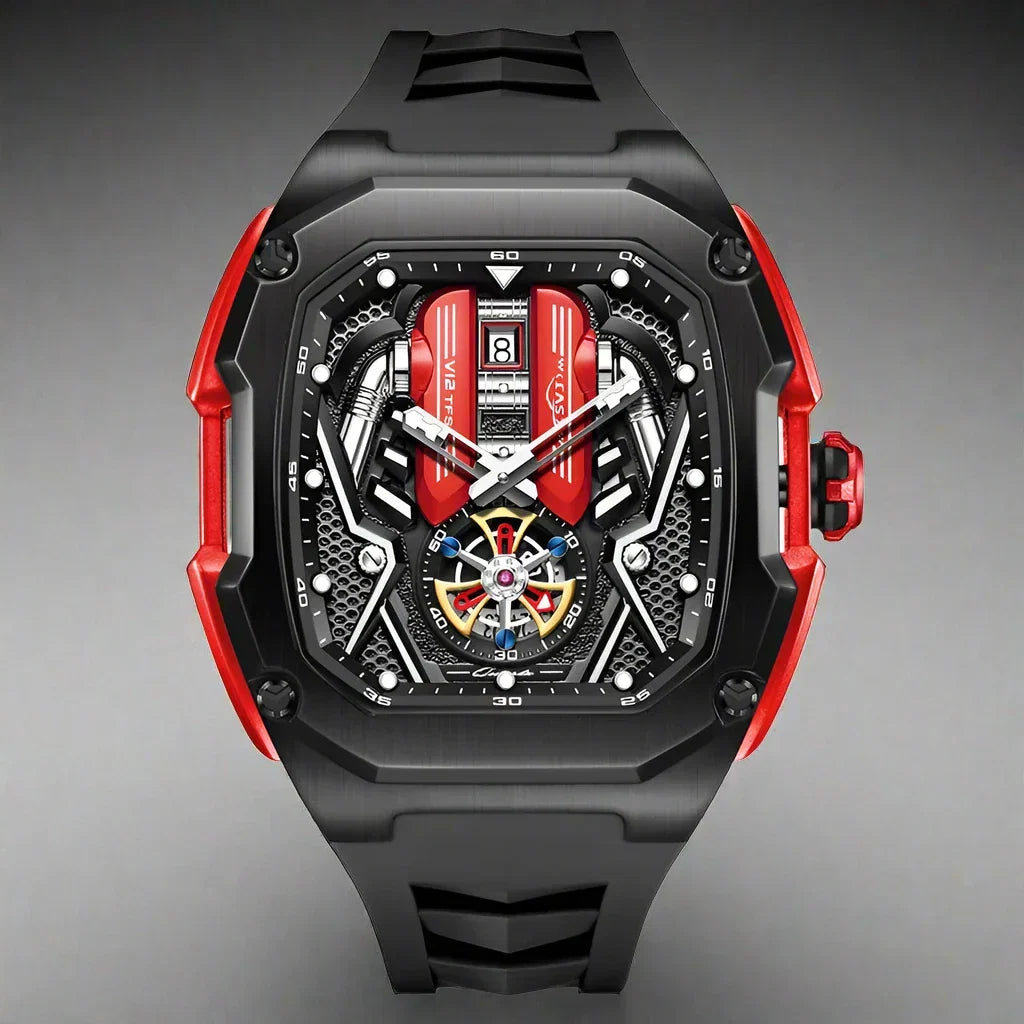 Men's tourbillon chronograph watch. Detailed luminous dial & sub-dials. Elegant & durable men's timepiece.