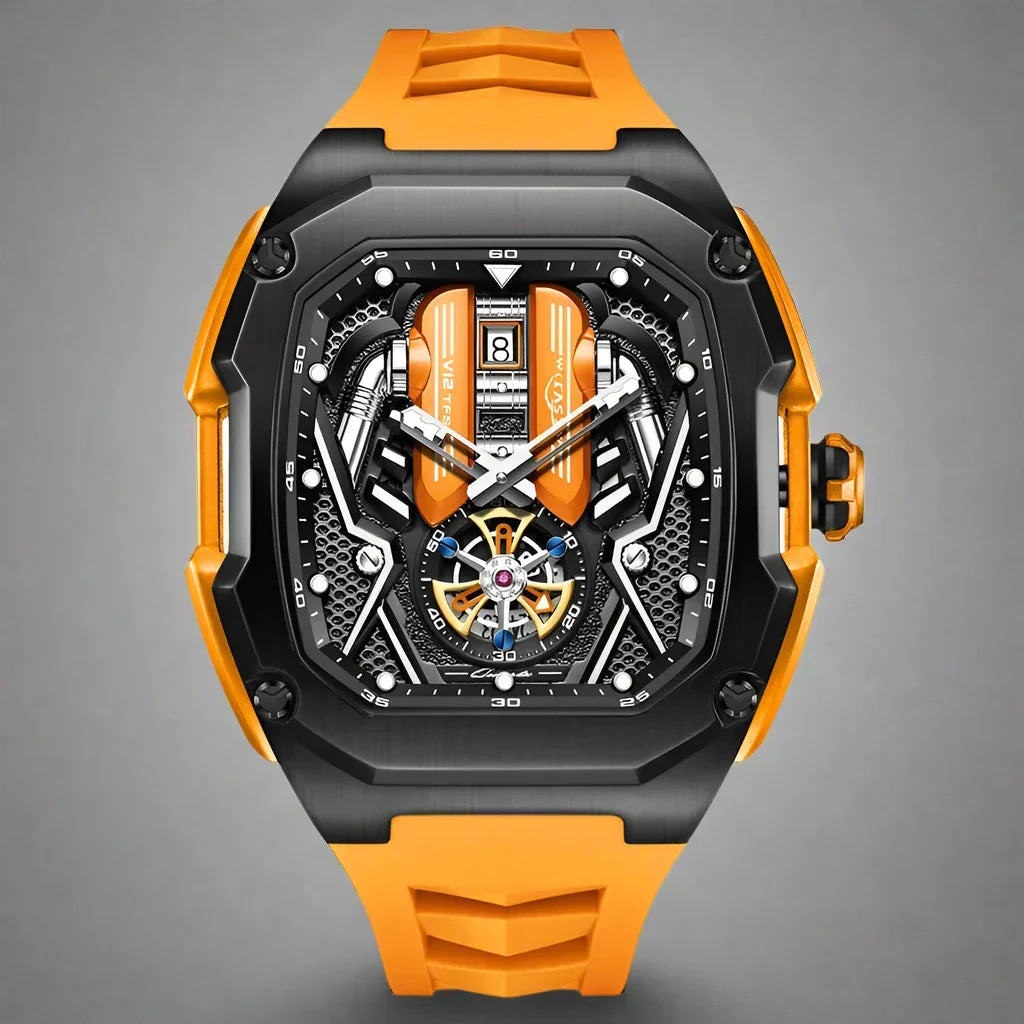 Men's Tourbillon Chronograph Watch: Elegant stainless steel, durable rubber, luminous dial. A top gift timepiece.
