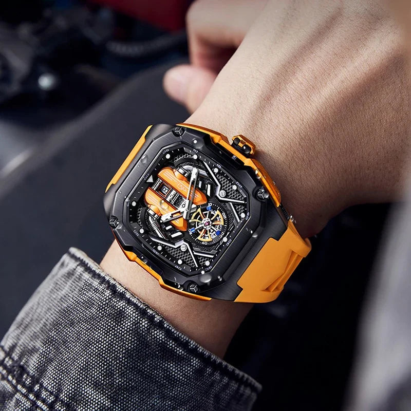 Close-up: Men's tourbillon chronograph watch luminous dial. Precision timepiece for the modern man.