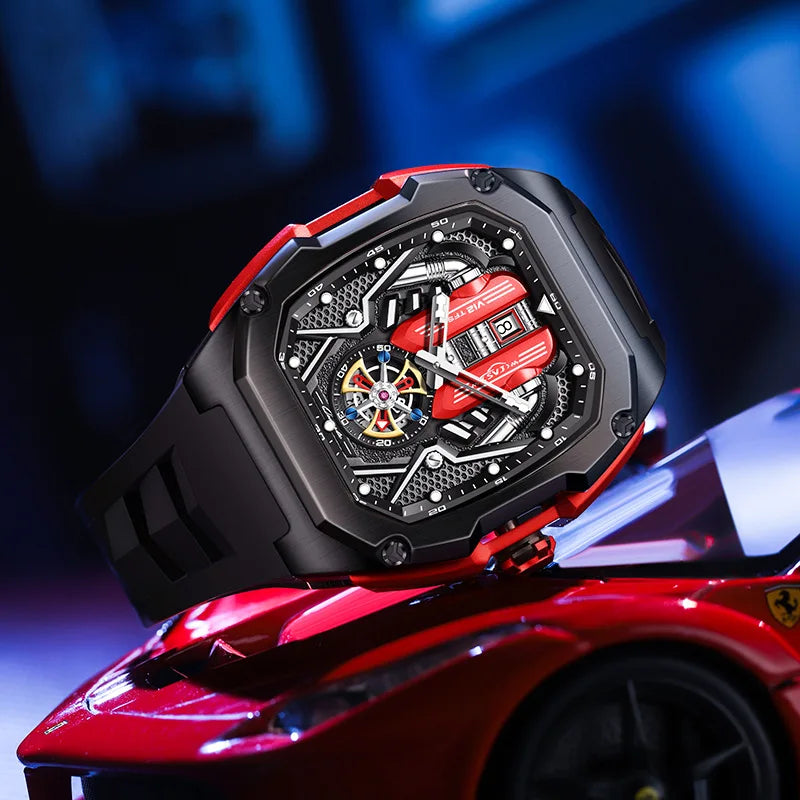 Side view of men's elegant tourbillon chronograph watch, highlighting stainless steel case & crown.