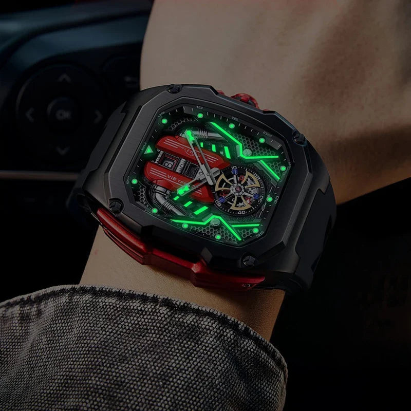 Men's elegant tourbillon chronograph watch with luminous dial on wrist. Stylish and practical timepiece.