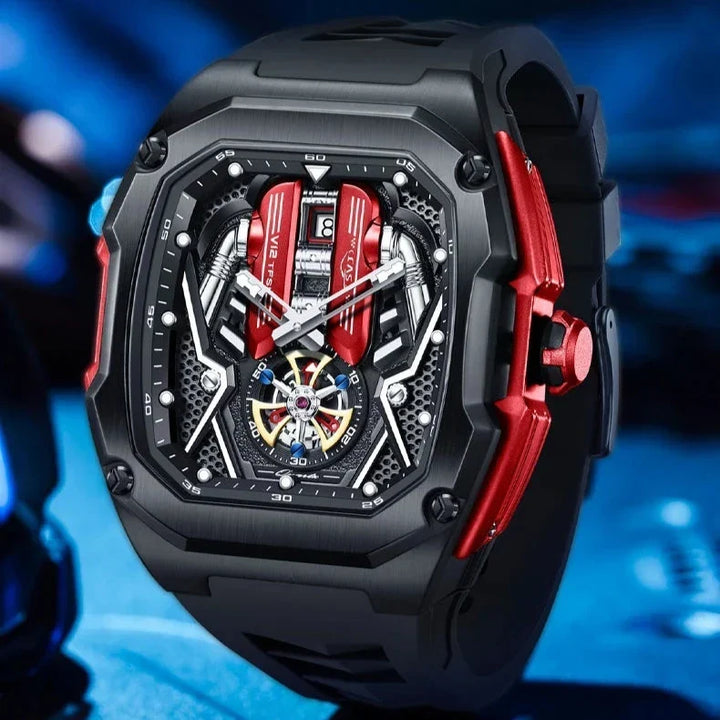 Back view of men's tourbillon chronograph watch. Stainless steel, durable, a perfect gift.