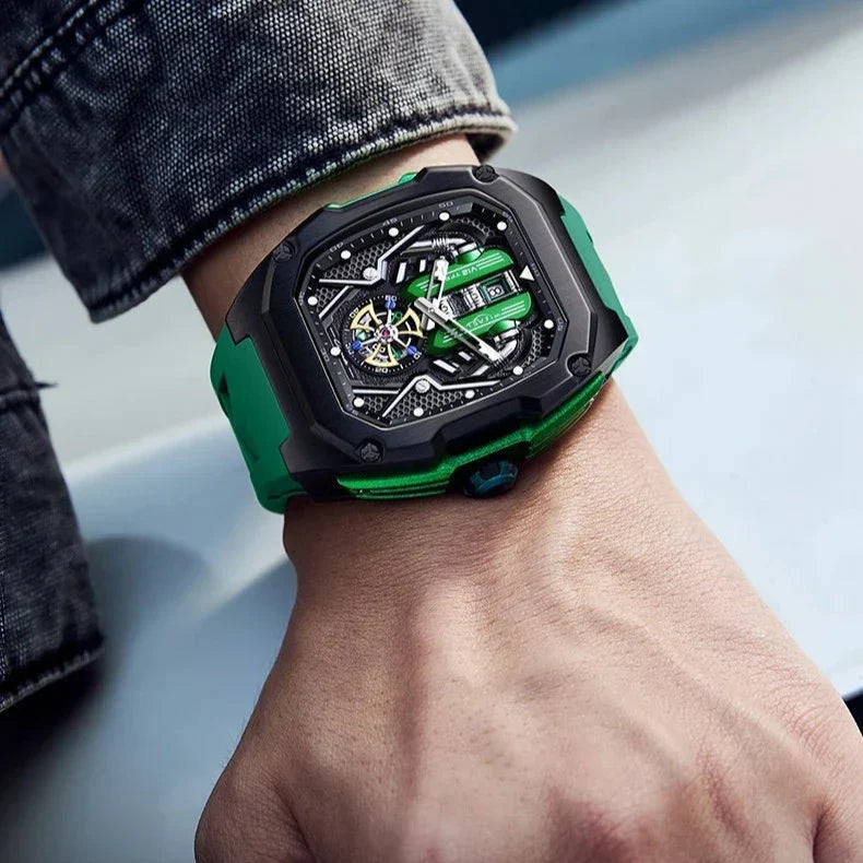 Men's tourbillon chronograph watch displaying time & chronograph function. Precision & elegance.