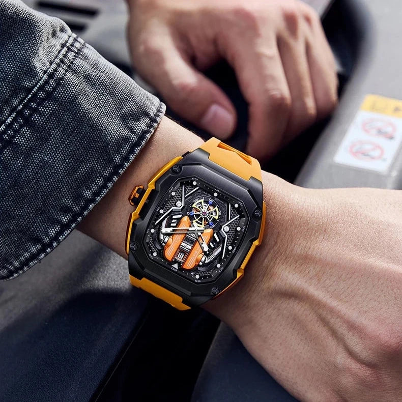 Men's tourbillon chronograph watch luminous dial glowing in the dark. Clear visibility, elegant design.