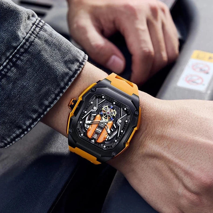 Men's tourbillon chronograph watch luminous dial glowing in the dark. Clear visibility, elegant design.