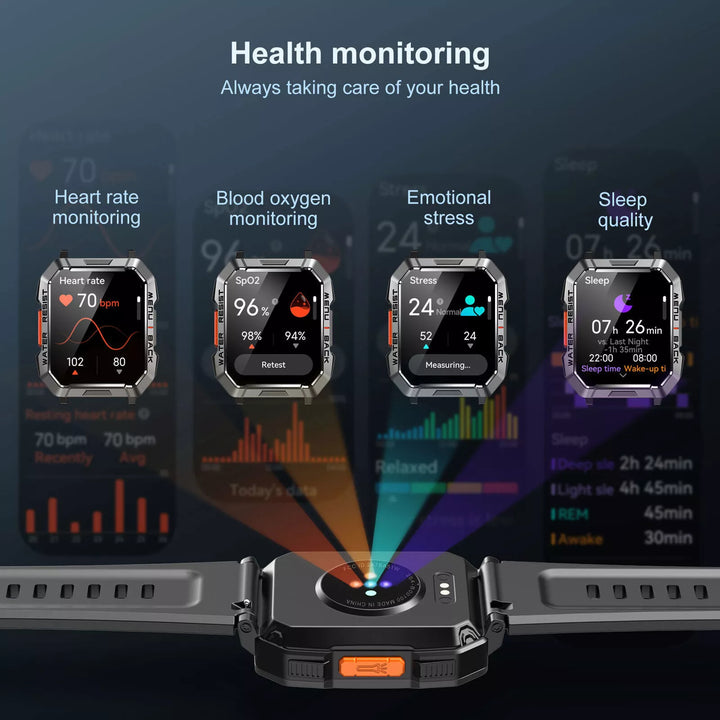 TrailMate outdoor smartwatch screen displaying real-time fitness data: steps, heart rate, calories.