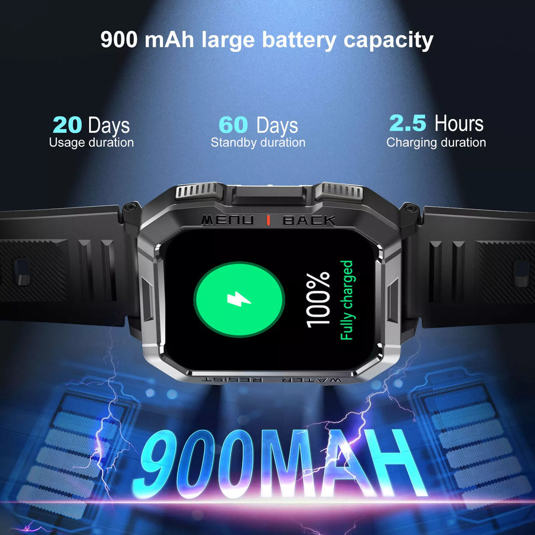 Close-up of TrailMate men's smartwatch display, showing compass & time, perfect for outdoor navigation.