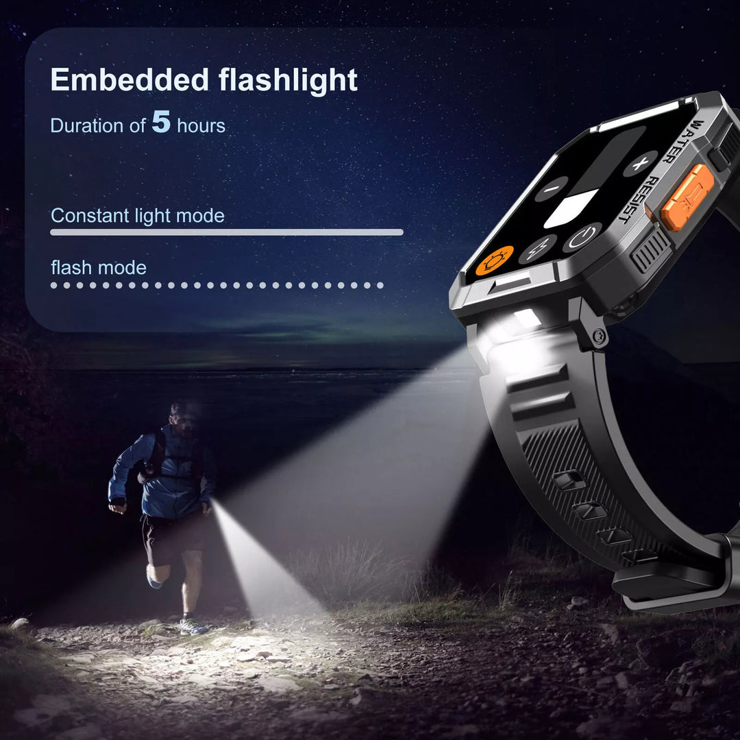 TrailMate men's GPS smartwatch on a hiker's wrist, tracking route in mountain wilderness.