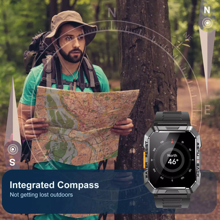 Durable TrailMate outdoor smartwatch on wrist at campsite, ideal for survival & emergencies.