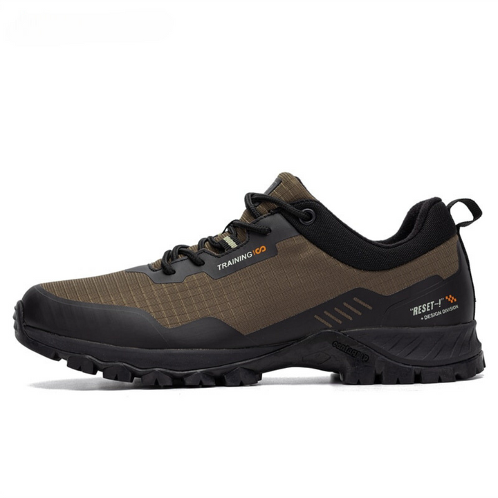 Close-up of men's TrailMax waterproof hiking shoes, showcasing robust design and non-slip sole for outdoor trails.