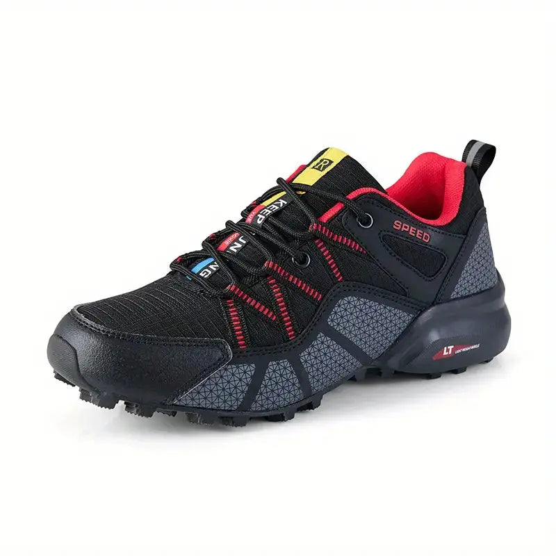 Man wearing TrailStep Pro men's hiking shoes, walking on a rocky mountain path, comfortable and supportive