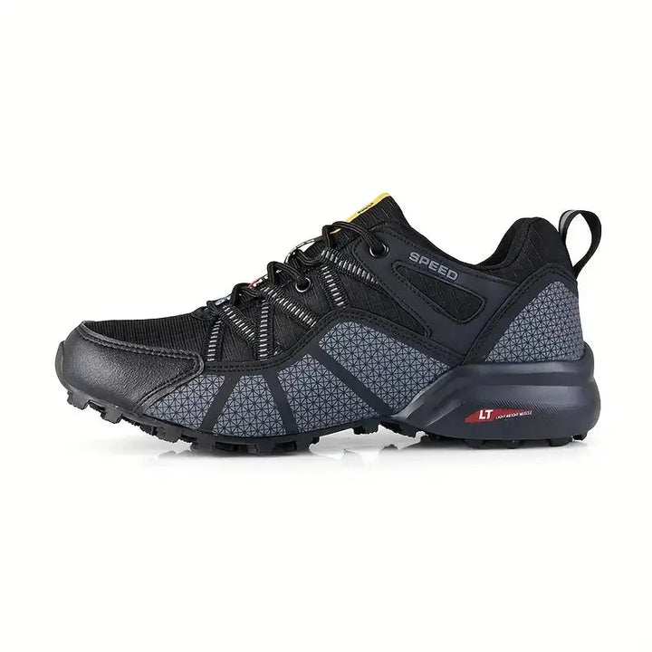 Top-down view of men's TrailStep Pro hiking shoes, black, showcasing laces and breathable material