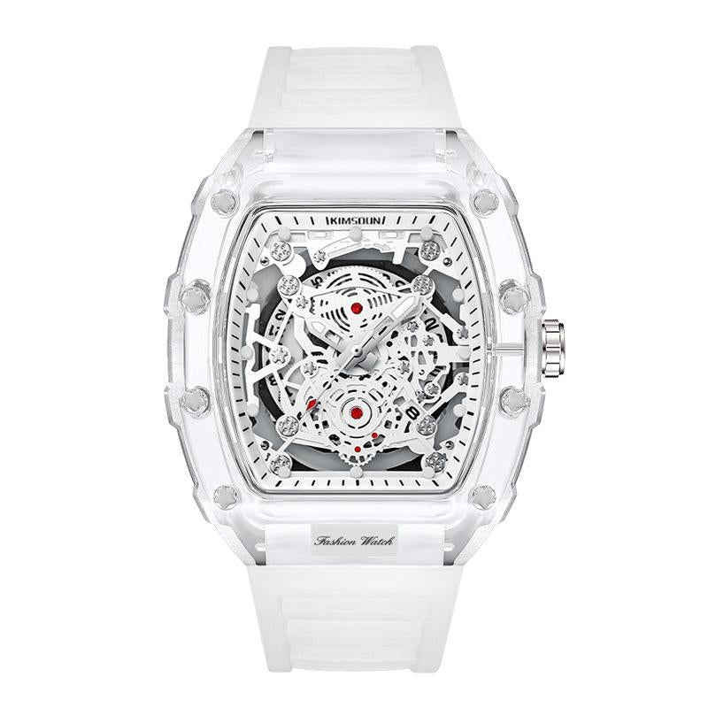 Men's transparent quartz watch with a bold skeleton dial. Precision timepiece for a modern statement style.