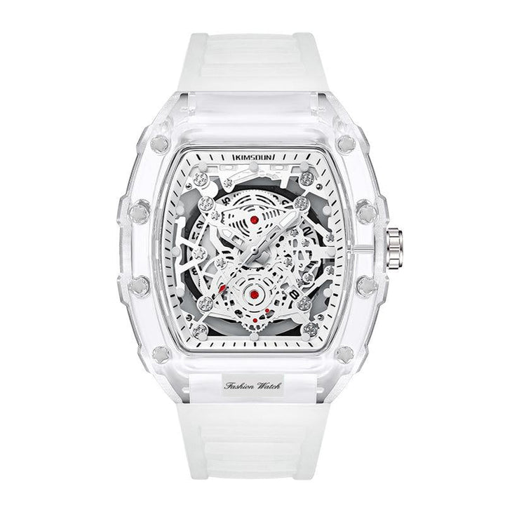 Men's transparent quartz watch with a bold skeleton dial. Precision timepiece for a modern statement style.