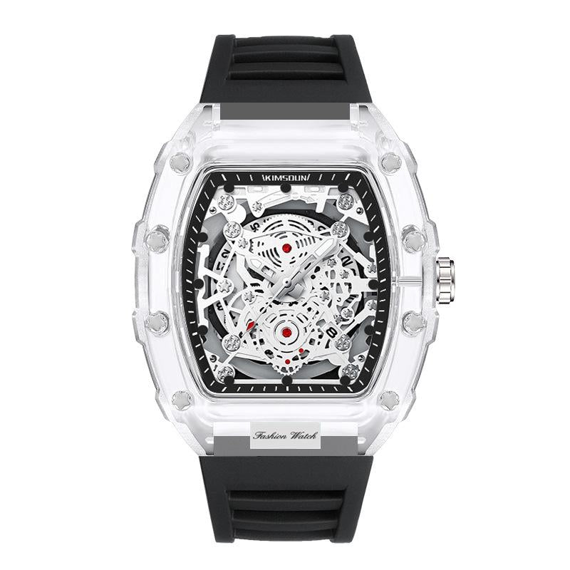 Close-up of men's transparent quartz watch, showcasing its intricate skeleton dial and precise movement.