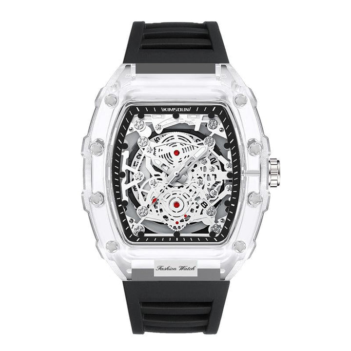 Close-up of men's transparent quartz watch, showcasing its intricate skeleton dial and precise movement.