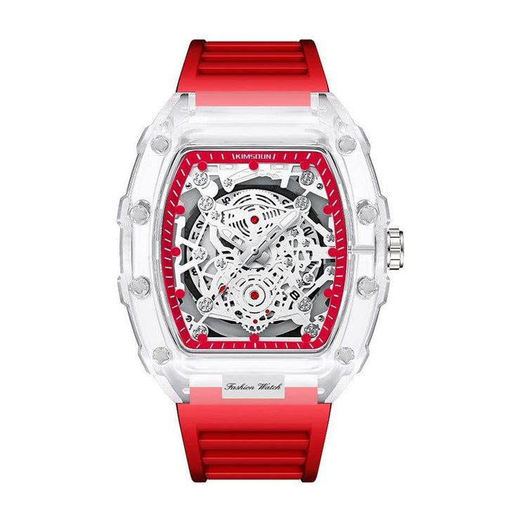 Men's transparent quartz watch on a wrist, a waterproof and shock-resistant accessory with a bold, modern design.