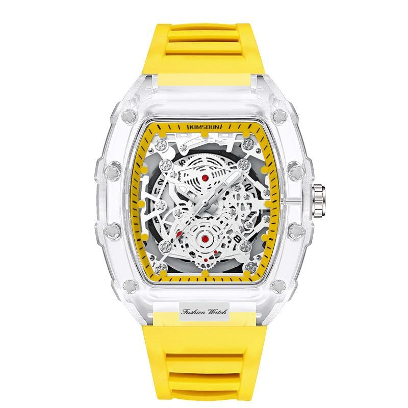 Stylish men's transparent quartz watch with a unique skeleton dial, built waterproof and shock-resistant.