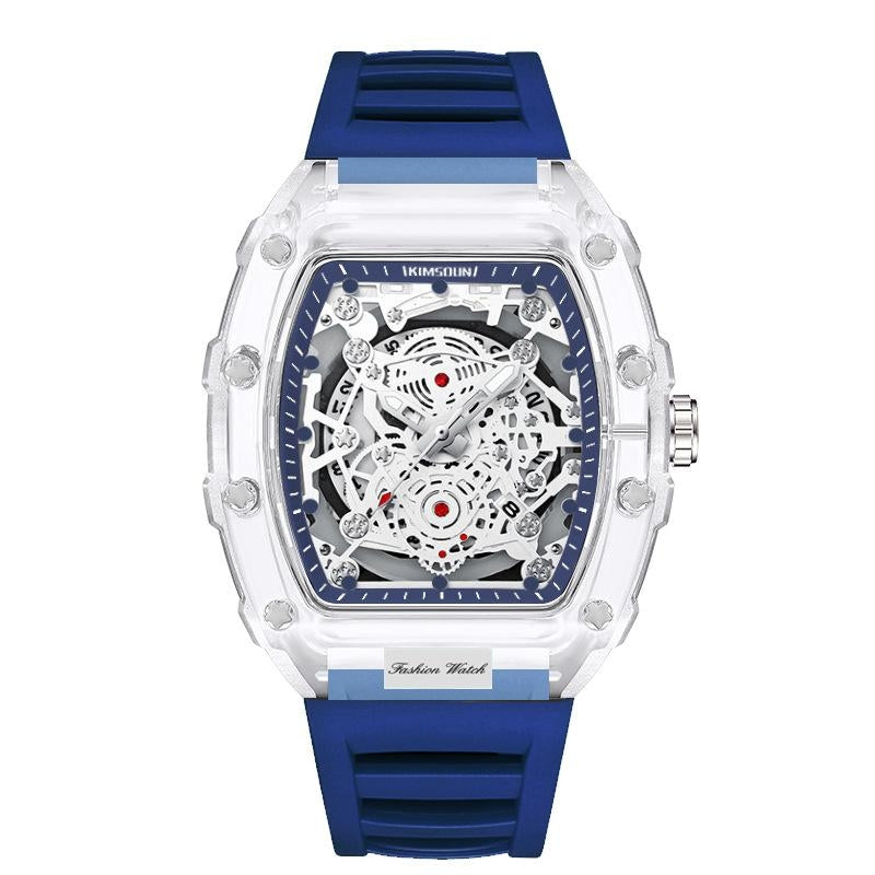Front view of the men's transparent quartz watch, highlighting the clear case and visible precision quartz mechanism.