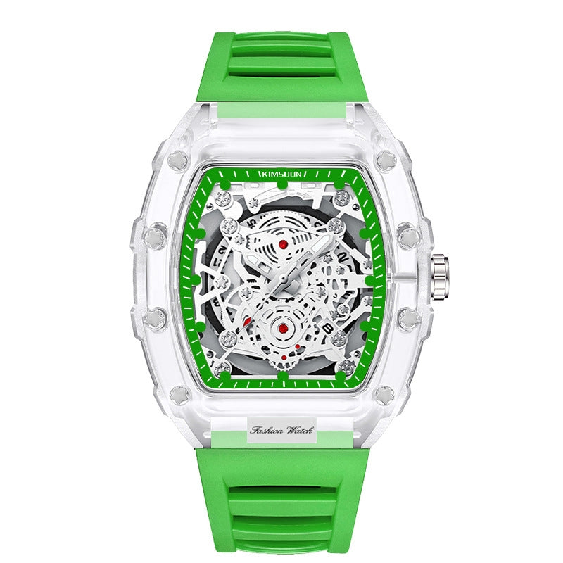 Modern men's transparent quartz watch, a bold wrist accessory for those who value precision and unique design.