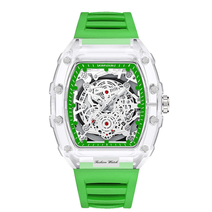 Modern men's transparent quartz watch, a bold wrist accessory for those who value precision and unique design.